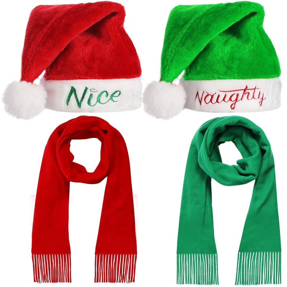 2490 4 Pieces Naughty and Nice Plush Christmas Santa Hats with Scarfs